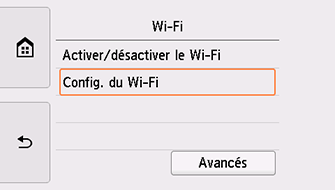 Écran Wi-Fi&nbsp;: sélectionnez Config. du Wi-Fi