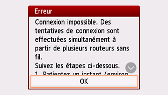 Écran d'erreur&nbsp;: Connexion impossible. Des tentatives de connexion sont effectuées simultanément à partir de plusieurs routeurs sans fil.
