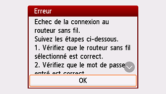 Écran Erreur&nbsp;: Echec de la connexion au routeur sans fil.