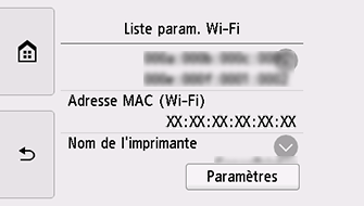 Écran Liste param. Wi-Fi