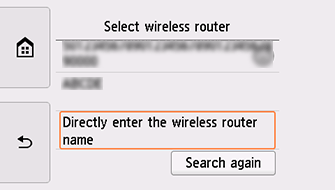 Vezeték nélküli router választása képernyő: „A vezeték nélküli router nevének közvetlen megadása” elem kiválasztása