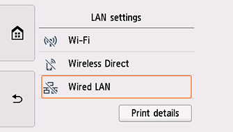 LAN-beállítások képernyő: A Vezetékes LAN kiválasztása