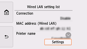 Vezetékes-LAN-beáll. lista képernyő: A Beállítások elem kiválasztása