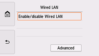 Vezetékes LAN képernyő: A Vezetékes LAN aktív/inaktív elem kiválasztása
