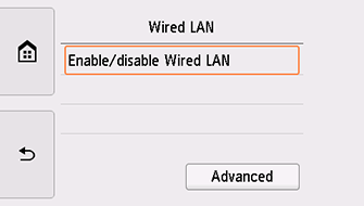 Scherm Bedraad LAN: Bedraad LAN actief/inactief selecteren