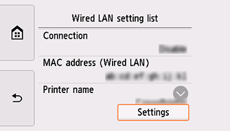 Skärmen Inställningslista kablat LAN: Välj inställningar