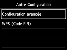Écran Autre Configuration&nbsp;: Sélection Configuration avancée