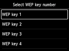 Select WEP key number screen