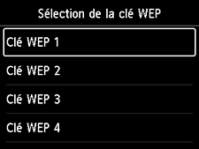 Écran Sélection de la clé WEP