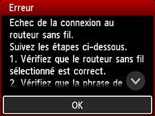 Écran d'erreur : Echec de la connexion au routeur sans fil.