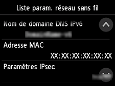Écran Liste param. réseau sans fil