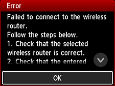 Pantalla de error: Error al conectar con el router inalámbrico.