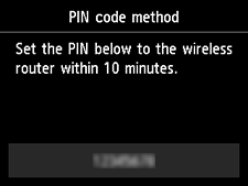 Экран Способ PIN-кода: Введите PIN-код, указанный ниже, на маршрутизаторе беспровод. сети в теч. 10 мин.