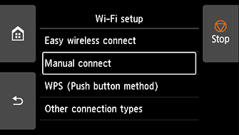 Wi-Fi setup screen: Select Manual connect