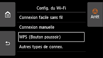Écran Configuration Wi-Fi : sélectionnez WPS (Bouton pouss.)