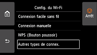 Écran Config. du Wi-Fi : sélectionnez Autres types de connex.