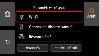 Écran Paramètres réseau&nbsp;: sélectionnez Wi-Fi