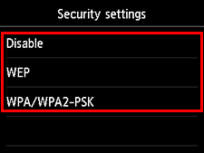 Security settings screen