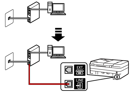 figure: Phone cord connection example (xDSL line : built-in splitter modem)