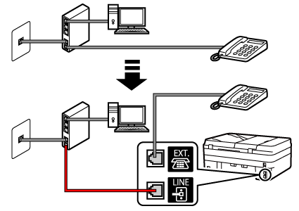 рисунок: Пример подсоединения телефонного кабеля (линия xDSL/CATV: встроенный распределитель модема + встроенный автоответчик)