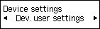Device settings screen: Select Dev. user settings