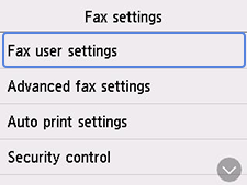 Fax settings screen: Select Fax user settings