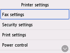 Printer settings screen: Select Fax settings