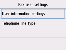 [팩스 사용자 설정] 화면: [사용자 정보 설정] 선택