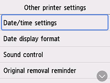 Other printer settings screen: Select Date/time settings