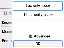 Receive mode settings screen: Select OK