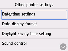 Other printer settings screen: Select Date/time settings