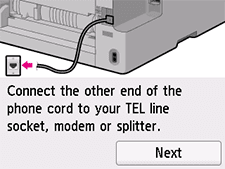 Bildschirm Einfache Einrichtung: Anderes Ende des Telefonkabels mit Telefonsteckdose, Modem oder Splitter verbinden.