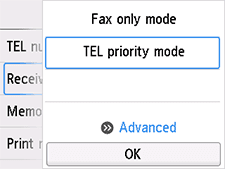 Receive mode settings screen: Select Advanced