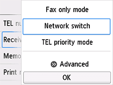 Bildschirm Empfangsmod.-Einstellungen: Auswahl von Network Switch