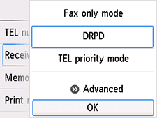 Receive mode settings screen: Select OK