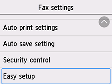 Fax settings screen: Select Easy setup