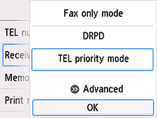 Receive mode settings screen: Select OK