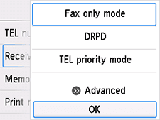 Receive mode settings screen: Select OK
