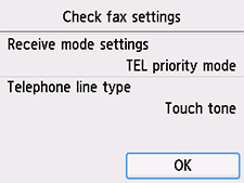 Pantalla Configuración fácil: Comprobar configuración fax