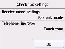 Pantalla Configuración fácil: Comprobar configuración fax