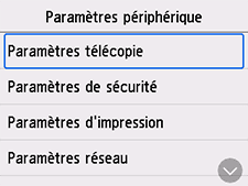 Écran Paramètres imprimante&nbsp;: Sélection de Paramètres télécopie