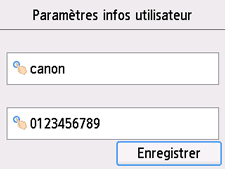 Écran de confirmation Paramètres infos utilisateur