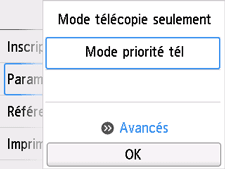 Écran Paramètres mode réception&nbsp;: Sélection de Avancés