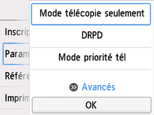 Écran Paramètres mode réception&nbsp;: Sélection de Avancés