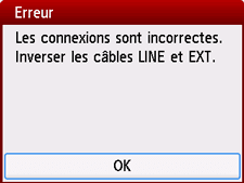 Écran Erreur&nbsp;: Les connexions sont incorrectes. Inverser les câbles LINE et EXT.