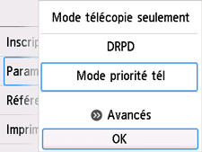 Écran Paramètres mode réception&nbsp;: Sélectionnez OK