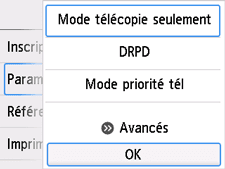 Écran Paramètres mode réception&nbsp;: Sélectionnez OK