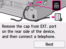 [쉬운 설정] 화면: 장치 뒷면의 EXT. 포트에서 캡을 제거한 다음 전화기를 연결합니다.