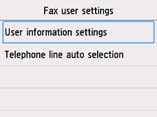 Fax user settings screen: Select User information settings