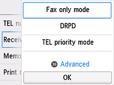 Receive mode settings screen: Select Advanced